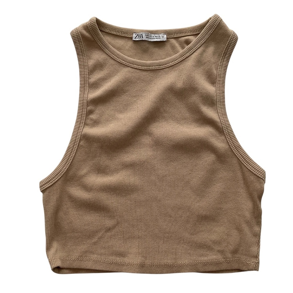ZARA  Ribbed High Neck Halter Crop Top  Sz  M Tan Clean Girl Neutral Minimalist